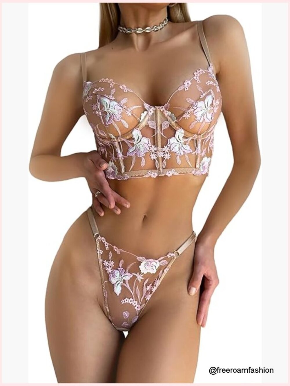 Sheer Mesh Lingerie Set Floral Embroidery Bustier Thong Size Small